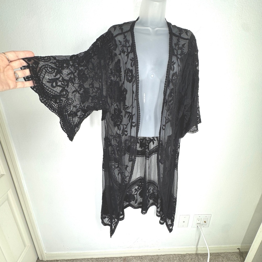 Black Floral Lace Kimono Cardigan Sheer Bell Sleeve One Size NEW Whimsigoth Boho
